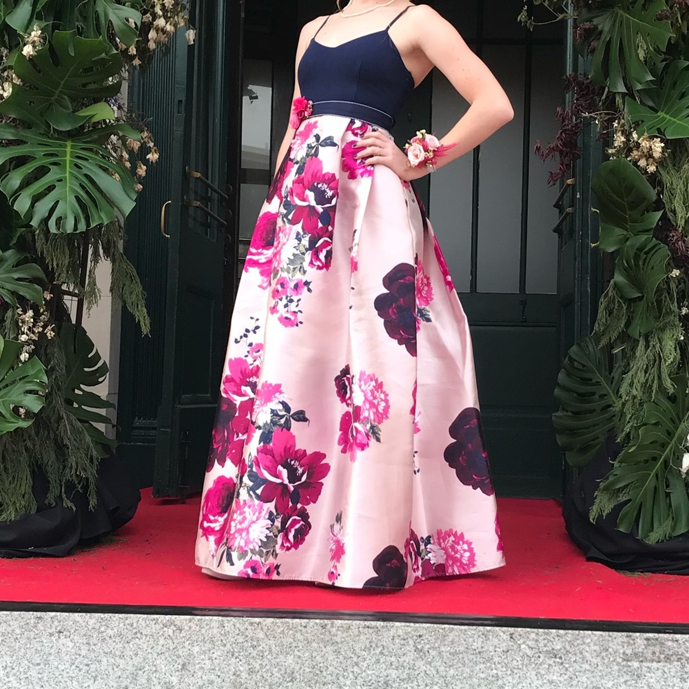 Simple navy and pink floral prom dress